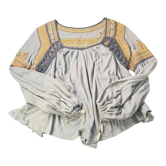 Free People Snow Kisses Blue Embroidered Boho Top S Back Slit Flowy - Picture 3 of 7